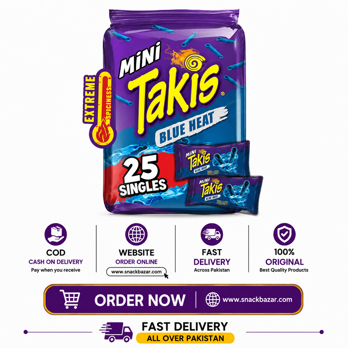 Mini Takis Blue Heat 35g – Pack of 25 | Hot Chili Pepper Rolled Tortilla Chips